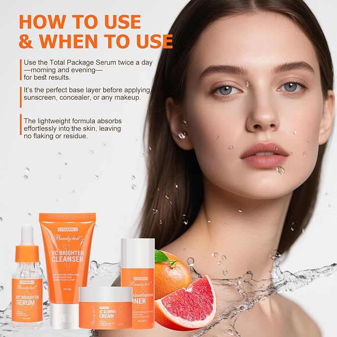 4 Pieces Vitamin C Facial Skin Care Set Gift Set Travel Size Kit,Skin Refreshing, Nourishing, Visibly Improve Tone, Enhance Radiance, Gift Set Travel Size Kit