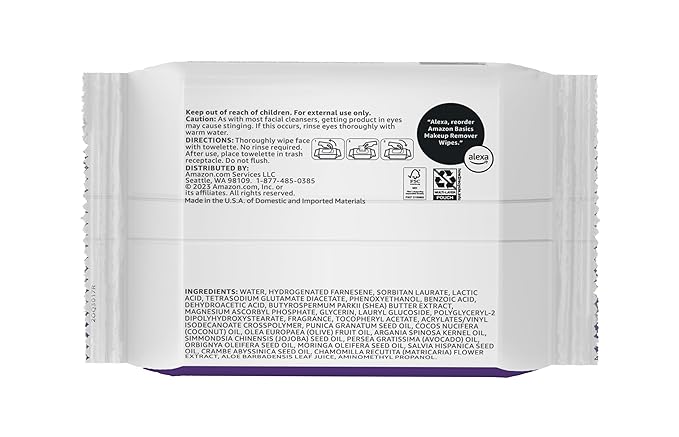 Amazon Basics Makeup Remover Wipes, Gentle Cleansing, Dermatologist Tested, Night Calming, Plant Based, Alcohol Free, Removes Waterproof Mascara, 25 Count Per Pack, Pack of 6 (Previously Solimo)