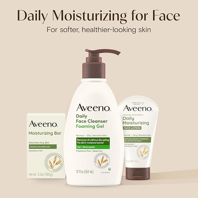 Aveeno Daily Moisturizing Face Lotion with Soothing Prebiotic Oat, Lightweight Non-Greasy Facial Moisturizer for Normal to Dry, Sensitive Skin, 24-Hour Moisture, Fragrance-Free, 5 oz