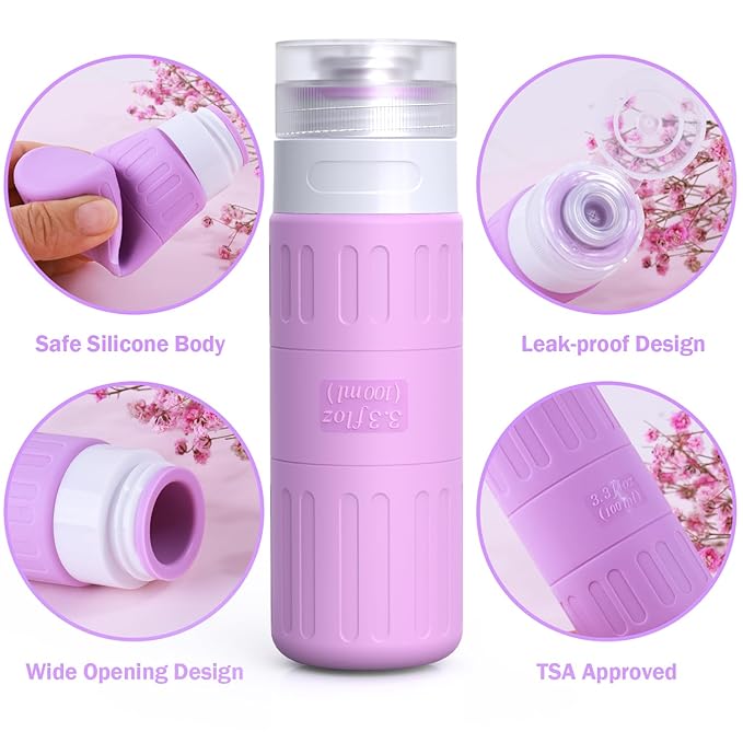 GLAMFIELDS Travel Bottles for Toiletries,TSA Approved 3.3oz Size LeakProof Silicone Toiletry Containers for Shampoo, Conditioner,Easy to Squeeze,Portable Travel Essentials for Lotion(18 Pack) Purple