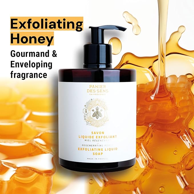 Panier des Sens - Liquid Hand Soap β Honey Exfoliating Hand Wash - French Marseille Moisturizing Soap with Coconut Oil - Refillable Kitchen & Bathroom Hand Soap - 97% Natural Ingredients -16.9 Fl.oz