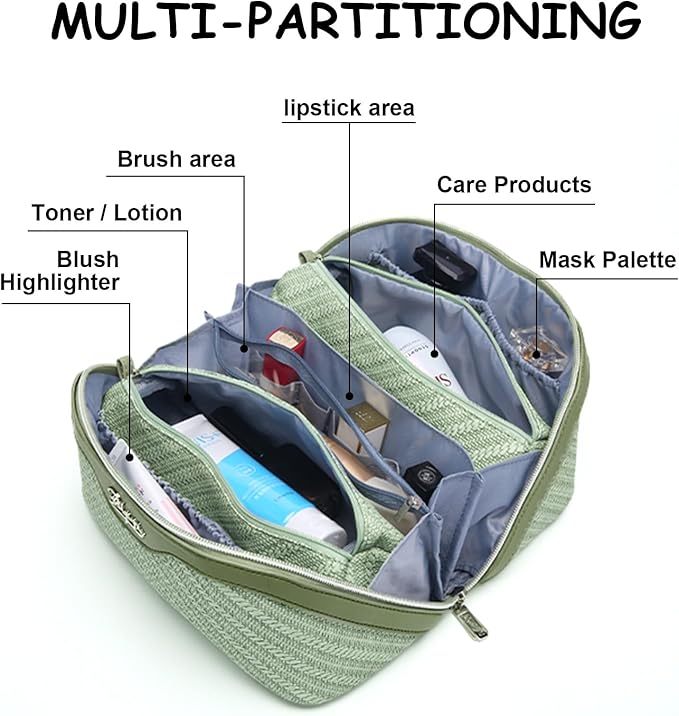 BOYATU Travel Makeup Bags for Women: Large Cosmetic Bag Waterproof - Vegan Leather Make up Bag Set of 3 - Compact Toiletry Organizer with Compartments & Handle & Divider (Z-Green)