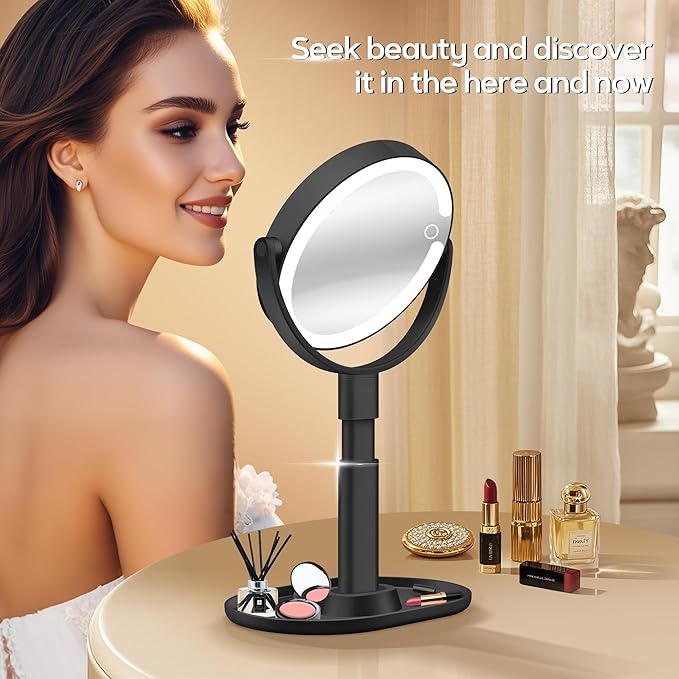B Beauty Planet Makeup Mirror with Lights, Lighted Magnifying Mirror 30X with 3 Lighting and Adjustable Brightness, 2-Sided Height Adjustable Vanity Mirror for Bathroom, Gifts for Women Black