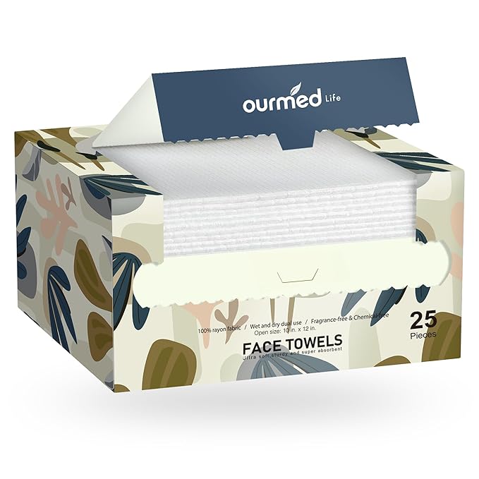 Ourmed Life Face Towels, Disposable Biodegradable Facial Towels for Sensitive Skin, Lint- free Face Wipes for Washing Face, Skincare and Makeup Remover, Dry Wipes, 10"×12" Extra Large, 25 Count