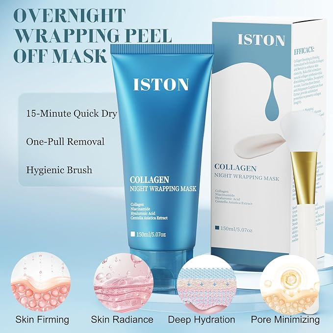 ISTON Collagen Night Wrapping Mask for Glass Skin - Overnight Peel Off for Firmer, Hydrated & Radiant Skin with Hydrolyzed Collagen, Gently Formulated for All Skin Types - 5.07 fl Oz