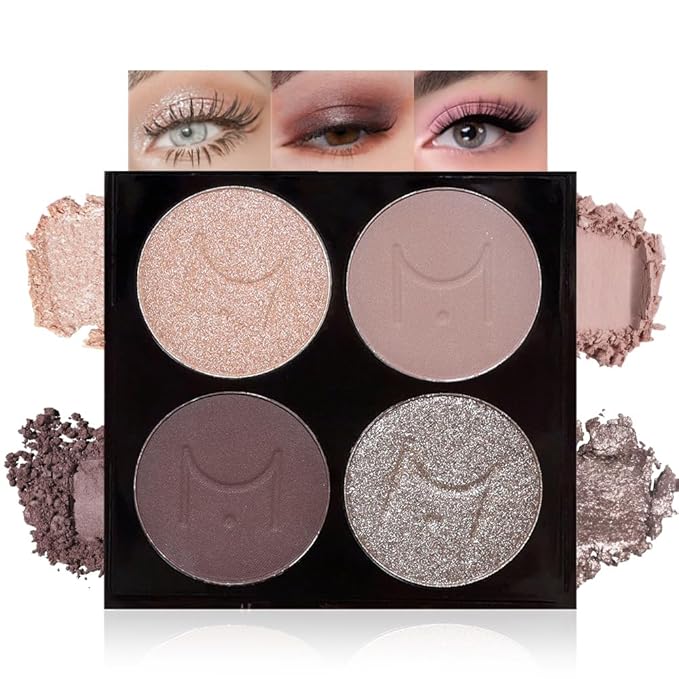 4 Colors Matte & Metallic Shimmer Eyeshadow, Velvety Creamy Formula Eye Makeup, Highly Pigmented, Blendable Nude Champagne Gold,Light&Dark Brown Eyeshadows for Women A Built-In Mirror 02#