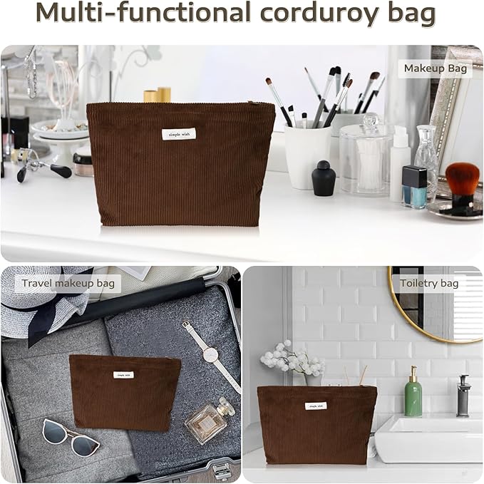 Wudygirl Makeup Bag Cosmetic Bags for Women Large Capacity Travel Toiletry Bag Corduroy Makeup Bag Organizer Zipper Pouch (Coffee)