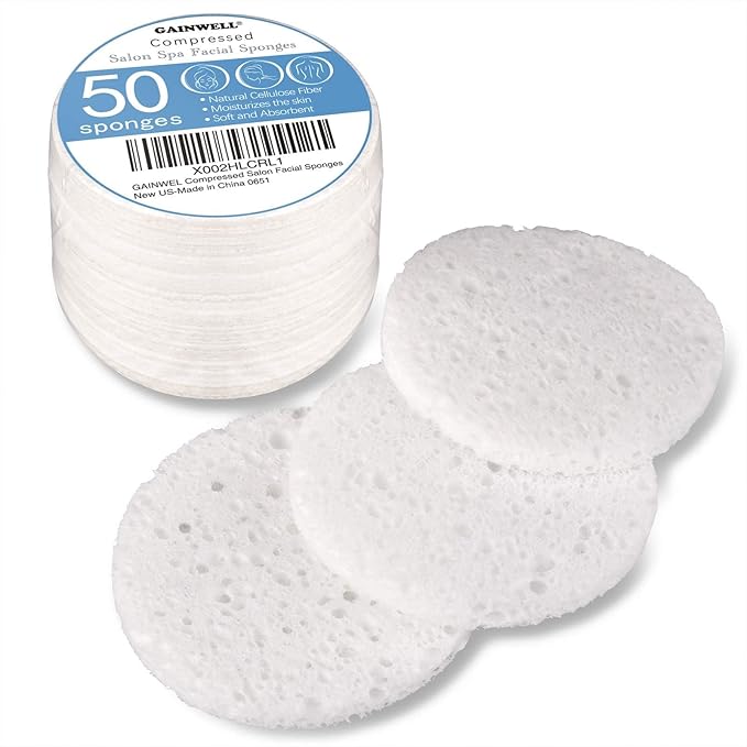 50-Count Compressed Facial Sponges, GAINWELL White Cellulose 100% Natural Cosmetic Spa Sponges for Facial Cleansing, Exfoliating Mask, Makeup Removal