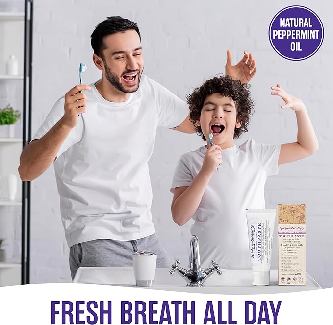 SprinJene Fluoride Free Toothpaste - Patented Natural Toothpaste with Black Seed Oil & Zinc - Made in The USA - Vegan Non Fluoride for Fresh Breath Preservative Free (2 Pack)