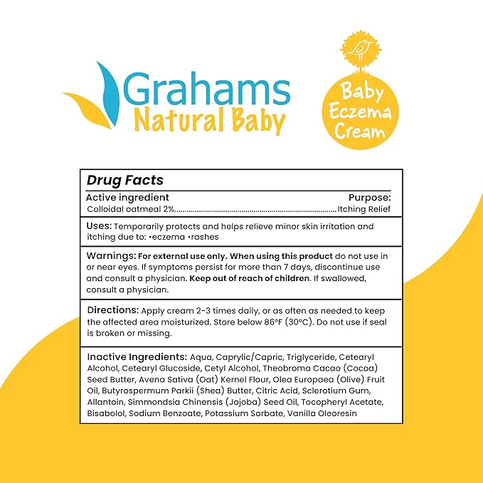 Grahams Natural Baby Eczema Cream Moisturizer for Newborn-12 Years | Rash, Redness, Dry Skin & Itch Relief | Colloidal Oatmeal & Shea Butter | Steroid-Free, Fragrance-Free for Sensitive Skin (75g)
