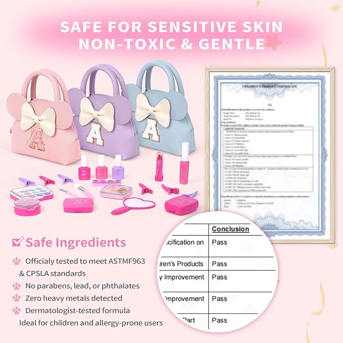 Kids Real Makeup Kit for Girls - 21Pcs Non-Toxic Make Up Toys with Initial Toddler Purse - Personalized Birthday Gifts for Age 5 6 7 8 9 10 Years Old Girls Vanity Set - Purple C