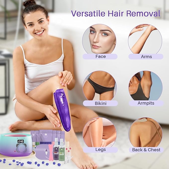 BLITZWAX Brazilian and Bikini Waxing Kit for Women, Hard Wax Warmer for Face, Legs, and Body, At Home Hair Removal Kit, Beginner Friendly, Quick Heating, 32pcs Wax Spatulas