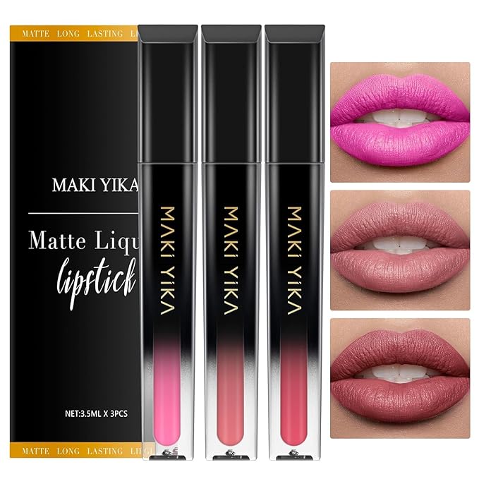 MAKI YIKA 3Pc Matte Lipstick Makeup, Pink Nude Lipstick For Women Long Lasting Smudge Proof Non Transfer Lip Makeup Cruelty Free |Pink/Nude/Rosey