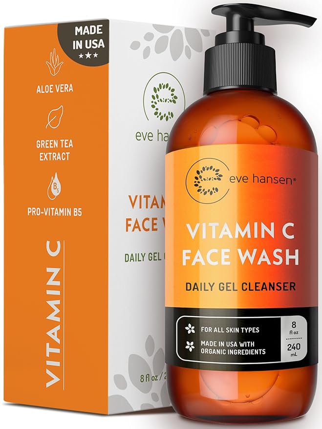 Vitamin C Cleanser Face Wash - HUGE 8 oz Gentle Facial Cleansing Gel for Uneven Skin Tone, Age Spots and Fine Lines - Natural Face Soap with Aloe Vera, Green Tea, Ginseng