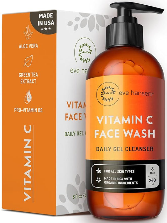 Vitamin C Cleanser Face Wash - HUGE 8 oz Gentle Facial Cleansing Gel for Uneven Skin Tone, Age Spots and Fine Lines - Natural Face Soap with Aloe Vera, Green Tea, Ginseng