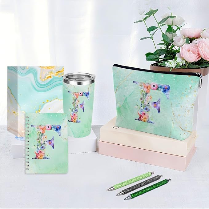 Personalized Gifts Monogrammed Birthday Gifts for Women, Aunt Grandma Retirement Christmas Initial 20 oz Tumbler, Makeup Bag Cup Ballpoint Pens Journal Notebook 6 Set, (Aesthetic Green Flower F)