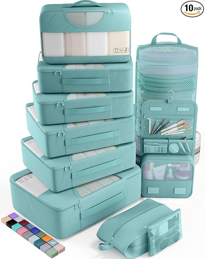 Veken 10 Set Packing Cubes for Travel Essential, Suitcase Organizer Bags in 4 Sizes, Carry-On Luggage Accessories with Large Laundry & Hanging Toiletry Bag, Must-Have for Airplane, Road Trip & Camping