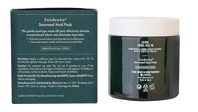 SanDaWha SKINCURE Vegan Seaweed Mud Mask, Korean skincare Blackhead Remover Clay Mask for Pore Cleansing with Kaolin & Bentonite, Oil Control & Gentle Exfoliation, 3.5oz