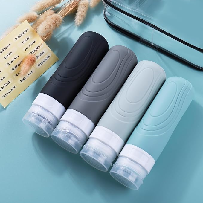 GLAMFIELDS Travel Bottles for Toiletries, TSA Approved 3oz Size Leak Proof Silicone Containers for Shampoo, Conditioner,Easy to Squeeze and Portable, Essentials for Traveling (4 Pack) Grey