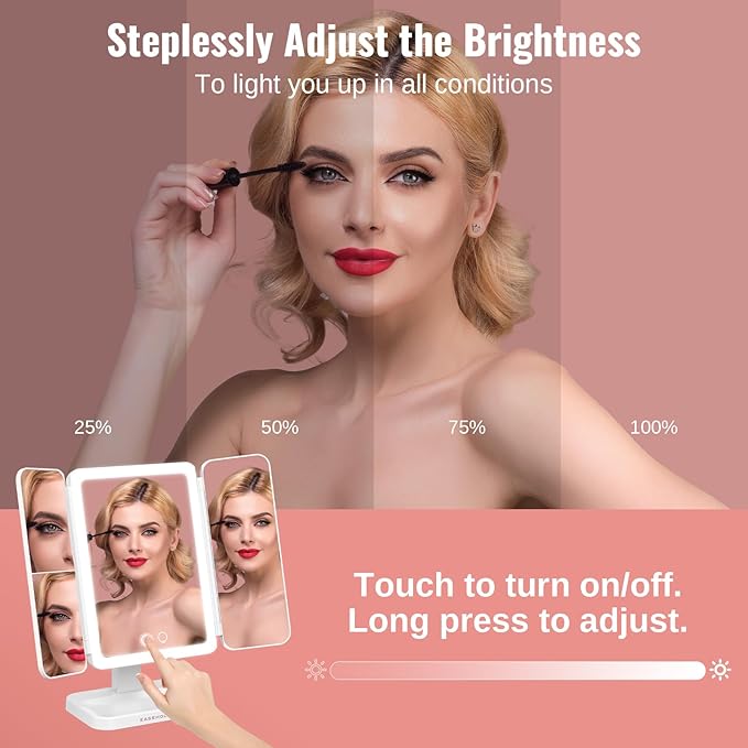 EASEHOLD Vanity Mirror with Lights, 2X 3X Magnification, Trifold, Rechargable, Touch Control - Gifts for Girls & Women