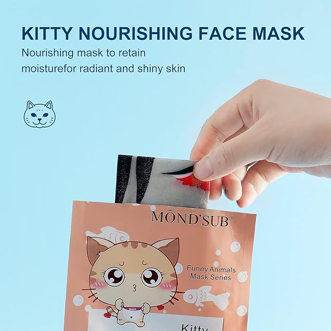 Animal Spa Beauty Mask, Character Masks Sheet-(Pack of 5) KITTY Cat Firming Nourishing & Moisturizing Effects For All Skin Types- Birthday Party Gift for her, Girls Night, Spa Night, Beauty Gift