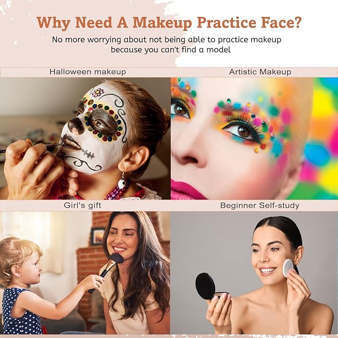 Silicone Makeup Practice Board - Full Face Mannequin with Makeup Kit, Face Gems, Brushes - Perfect for Beginners & Professionals