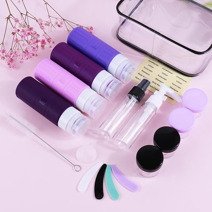 GLAMFIELDS Travel Bottles for Toiletries,TSA Approved 3.3oz Size LeakProof Silicone Toiletry Containers for Shampoo, Conditioner,Easy to Squeeze,Portable Travel Essentials for Lotion(18 Pack) Purple