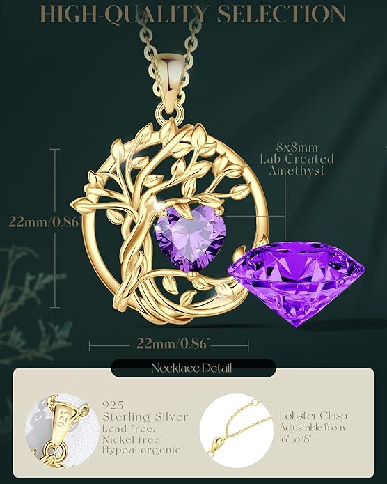 FANCIME Tree of life Birthstone necklace Sterling Silver Pendant Birthstone Necklace Gemstone Anniversary Birthday Jewelry Christmas Gifts for Mom Her Wife