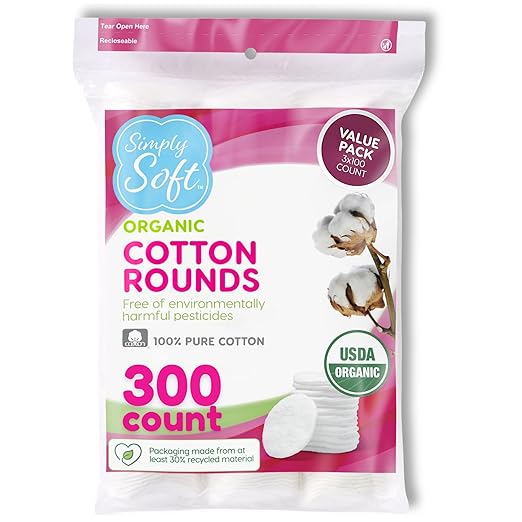 Simply Soft Premium Organic Cotton Rounds, 100 Count (Pack of 3), 100% Cotton Pads, Certified Organic, Hypoallergenic, Soft & Absorbent for Beauty, Cosmetics, Skin Care, Lint Free