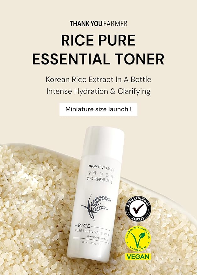 THANKYOU FARMER Rice Pure Essential Toner 1.05 Fl oz (30ml) - Hydrating Milky Toner, Korean Rice Extract, Niacinamide, Dermatologist Tested, Travel Size