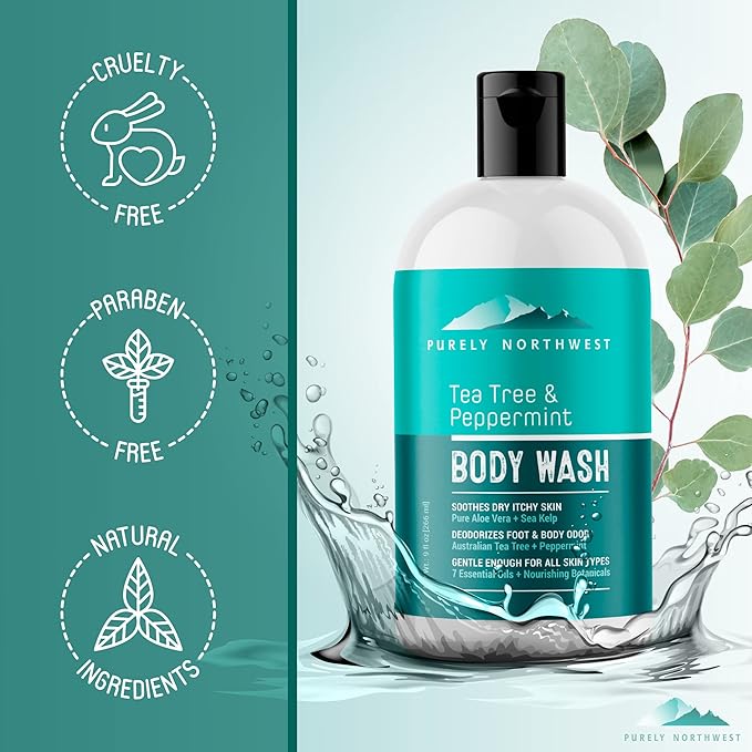 Purely Northwest Tea Tree Body Wash for Men and Women – Natural Tea Tree Oil Body Cleanser for Odor, Skin Irritations, Hydrating Shower Gel for Sensitive Skin, Gentle and Refreshing Body Wash