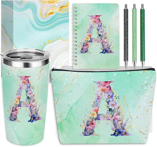 Personalized Gifts Monogrammed Birthday Gifts for Women, Bridesmaid Bachelorette Party Appreciation Christmas Initial 20 oz Tumbler, Makeup Bag Pens Journal Notebook 6 Set, (Aesthetic Green Flower A)