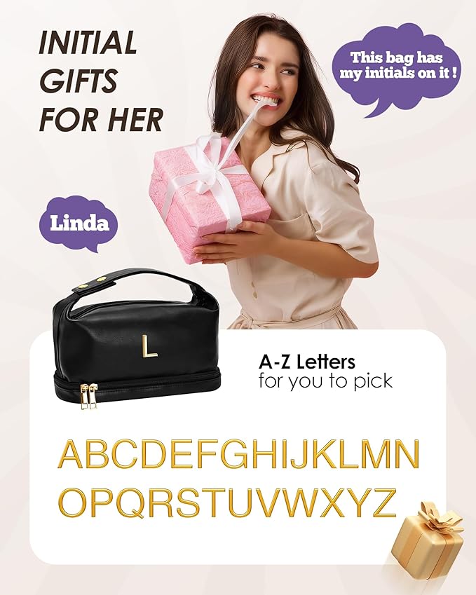 Graduation Gifts for Girls-Initial Makeup Bag with Handle, Double Layer Cosmetic Bag, Makeup Bags for Women Letter Toiletry Bag with Makeup Brush Organizer-Birthday Gifts for Women
