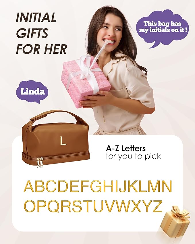Personalized Gifts for Women Unique, Makeup Bag with Handle, Initial Double Layer Cosmetic Bag with Makeup Brush Organizer, Cute Cosmetic Pouch for Women, Gifts for Friends Female Mom