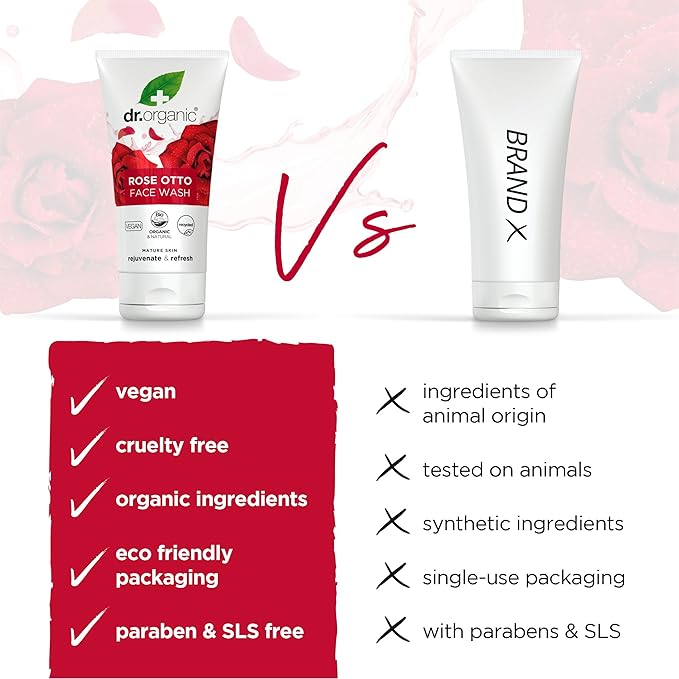 Dr. Organic Rose Otto Face Wash | Cleanses and Rejuvenates Skin, Promotes Radiance, Natural, Certified Organic, Paraben & SLS-Free, 150 mL / 5.1 fl oz