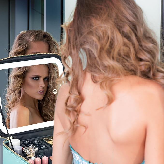 Makeup Travel Train Case with Mirror LED Light 3 Adjustable Brightness Large Cosmetic Bag Portable Storage Adjustable Partition Waterproof Makeup Brushes Make up Jewelry Gift for Women