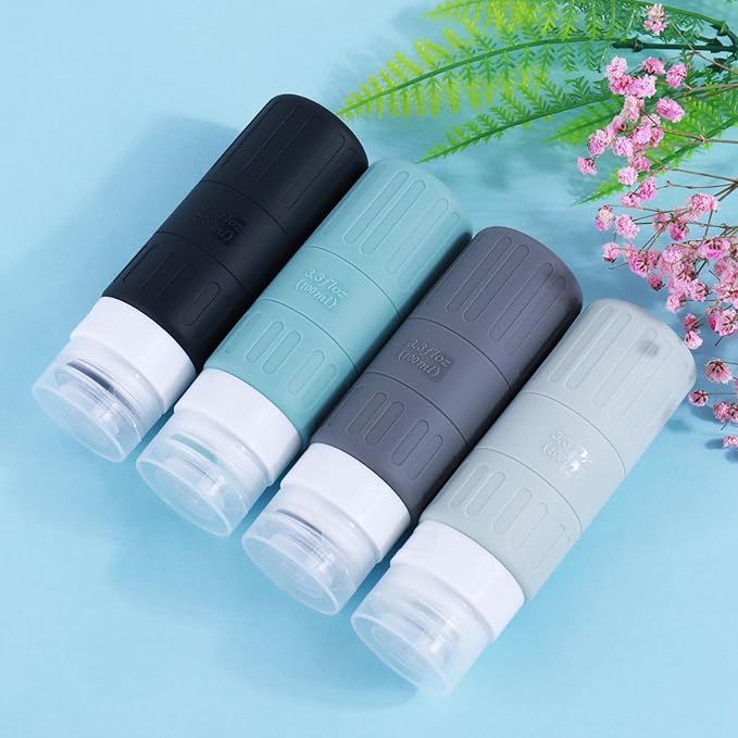 GLAMFIELDS Travel Bottles for Toiletries,TSA Approved 3.3oz Size LeakProof Silicone Toiletry Containers for Shampoo, Conditioner,Easy to Squeeze,Portable Travel Essentials for Lotion(18 Pack) Gray