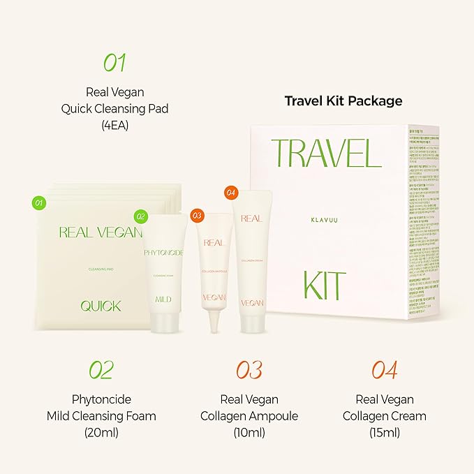 KLAVUU TRAVEL KIT โ 4-Step Korean Skincare Set with Collagen Ampoule, Cream, Cleansing Pads & Foam | Travel Size Gift Set | Vegan | Mini K-Beauty Trial Kit