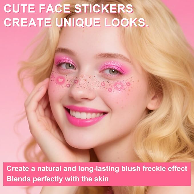 8Pcs 2-in-1 Rose-pink Blush and Glitter Freckles Face Tattoo for Teenagers & Young Women, Waterproof and Long-lasting Face Makeup Tattoos for Halloween and Christmas (SET A)