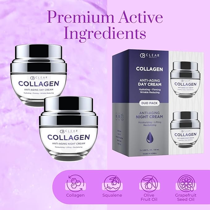 Clear Beauty Collagen Day/Night Moisturizer Set - Dermatologist Tested, Reduces Blemishes, Wrinkles & Fine Lines, Hydrating, Anti-Aging, Cruelty-Free Korean Skin Care, All Skin Types
