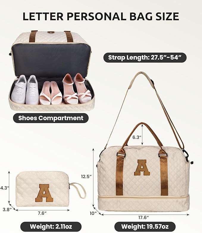 Beach Essentials 11 12 13 14 15 16 17 18 Year Old Girls Gifts-Initial Duffle Bag with Shoe Compartment, Personalized Weekender Bag, Travel Bag with Makeup Bag,Birthday Gift for Her (Letter T)