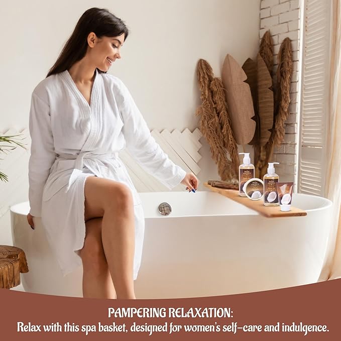 Draizee Luxury Spa Gifts for Women – 8 Pc Coconut Bath & Body Set with Bubble Bath, Lotion, Body Butter & More – Self Care Gift Basket for Wife, Mom, Girlfriend