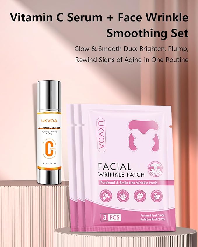 Forehead Wrinkle Patches & Smile Line Patches, Overnight Facial Wrinkle Treatment with Hyaluronic Acid, Aloe, Collagen & Vitamin E to Lift Smile Lines for Women 36pcs with Vitamin C Serum
