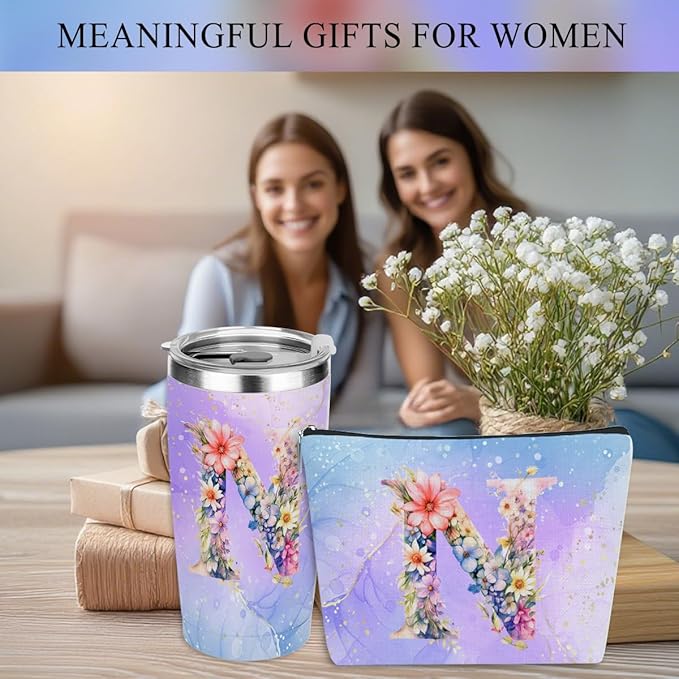 Personalized Gifts Monogrammed Birthday Gifts for Women, Colleague, Female Farewell Christmas, Initial 20 oz Tumbler, Makeup Cosmetic Bag Cup Pens Journal Notebook 6 Set, (Aesthetic Purple Flower N)