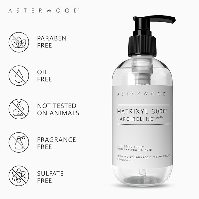 Asterwood Matrixyl 3000 + Argireline Serum for Face - Multi Peptide Serum with Hyaluronic Acid - Anti-Aging, Wrinkle Reducing, Collagen Boosting - Fragrance-Free - 8 Fl Oz