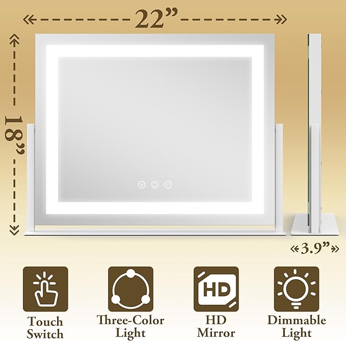 FENNIO Vanity Mirror with Lights 22''x18'' Makeup Mirror with Lights,Lighted Makeup Mirror with 10X Magnification and USB,Smart Touch Screen with 3-Color Lighting,Dimmable(Square White)
