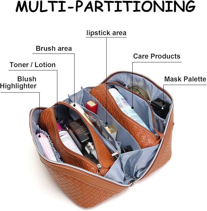 BOYATU Travel Makeup Bags for Women: 3 Pcs Large Make up Bags Set - Vegan Leather Cosmetic Bag for Traveling - Waterproof Toiletry Organizer Wide Open Portable Pouch (L08 Brown)