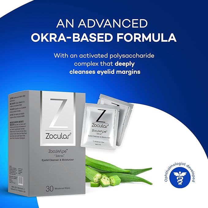Zocuwipe Eyelid Wipes with Natural Okra Complex - Eyelid Cleanser and Moisturizer Pads - Eyelid Cleansing Wipes - Blepharitis Treatment - 15ct