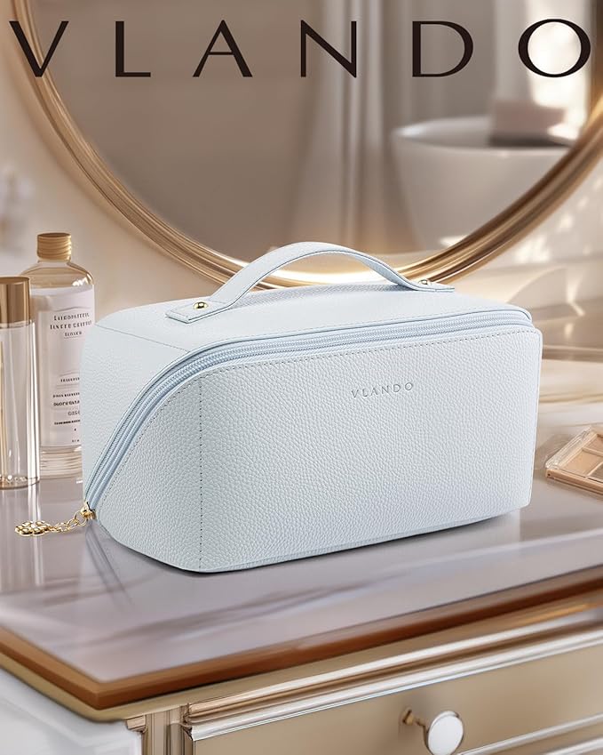 Vlando Makeup Bag,Large Capacity Toiletry Bag for Women Waterproof Portable Make up Pouch PU Leather Open Flat Cosmetic Bag(Baby Blue)