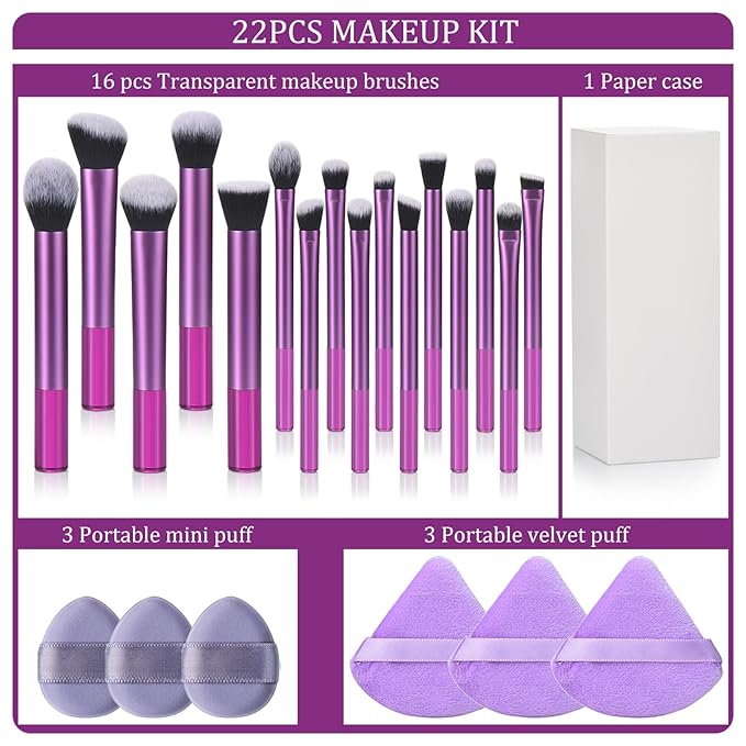 111 Makeup Brushes Set 22 Pcs Makeup Kit With Case Premium Soft Synthetic Hair Foundation Brush Concealer Brush Eyeshadow Brush Make up Brushes Set With Beauty puff (Purple, 22pcs)